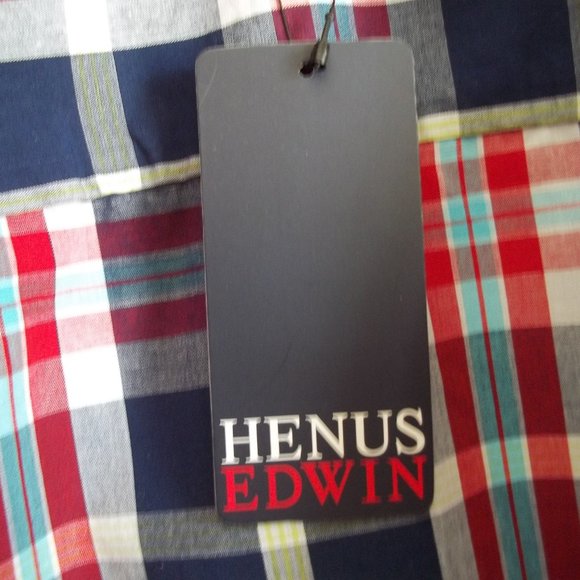 HENUS EDWIN 95 Plaid Chambray Sleeve Collar Button Down Front Cotton Shirt M NWT - Picture 7 of 7